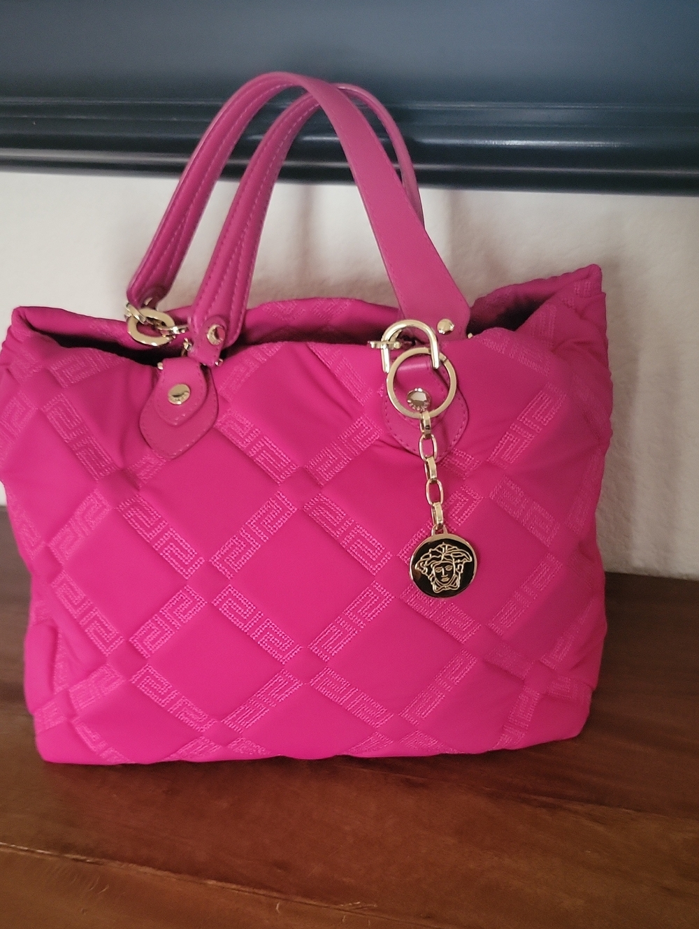 Versace Pink Neoprene Quilted Tote with Gold Versace Medallion Charm